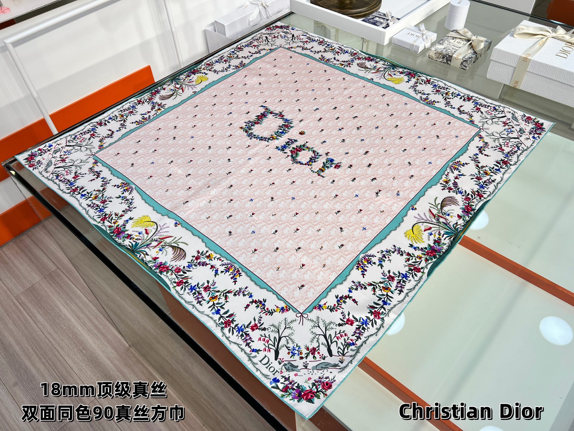 Dioramour 印花方巾90 厘米粉色桑蚕丝斜纹面料多色 Revolution Flowers 图案