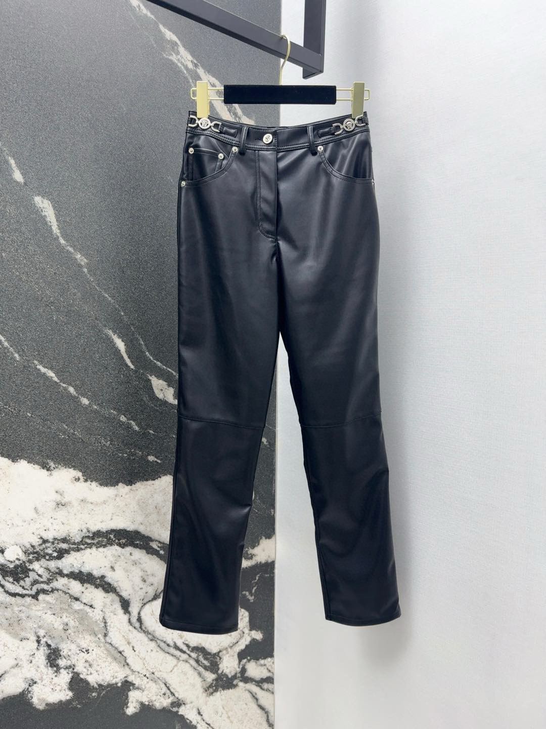 Stylish Leather Pants: Gold Waist, High Quality, Protein-Friendly Skins