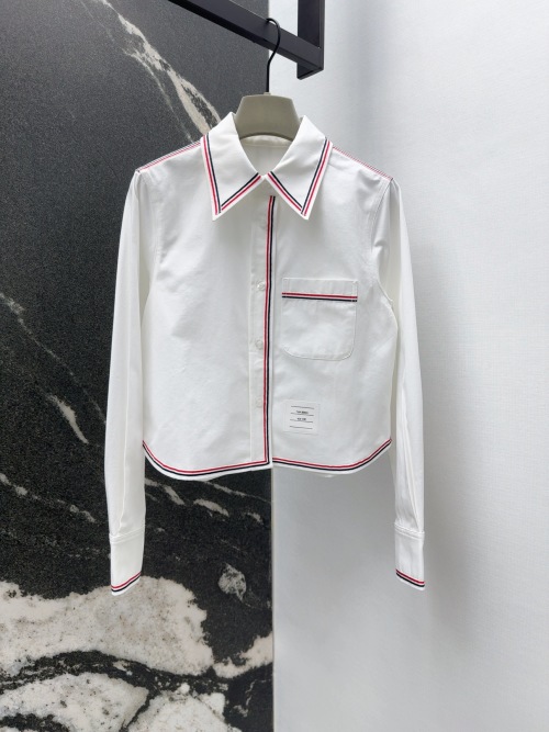 Thom Browne Cropped Shirt White Cotton Striped Trim Long Sleeve 1 Thom Browne Cropped Shirt White Cotton Striped Trim Long Sleeve
