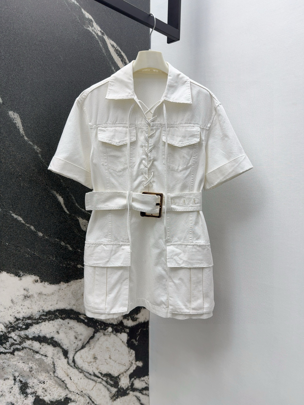 Spring-Summer New Heavy-Skinned Female Dress with Metallic Belts and Double-Skinned Tack Design - 图片 1