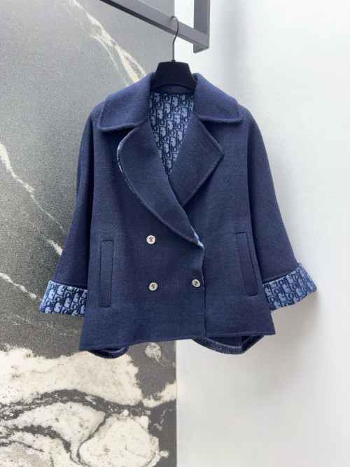 Dior Women's Navy Blue Double-Breasted Wool Coat with Logo Jacquard Details 1 Dior Women's Navy Blue Double-Breasted Wool Coat with Logo Jacquard Details