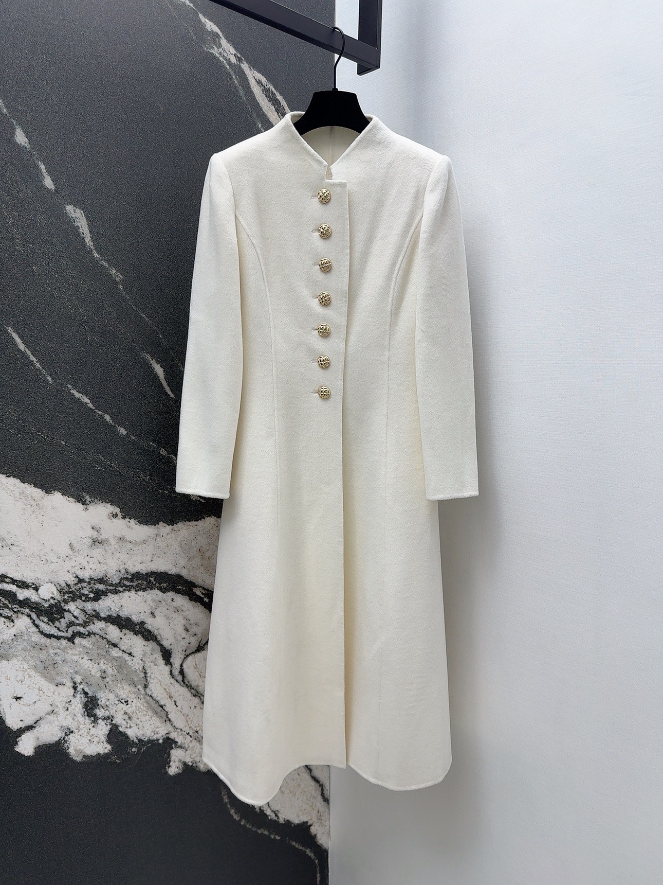 Elegant Women's Double-Faced Wool Long Coat with Button Detail