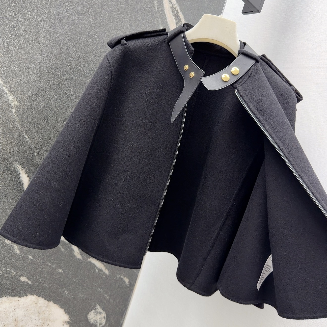 Elegant Wool Blend Cape Coat with Leather Trim - Sophisticated Outerwear 8 i1759905162374 591 0 9