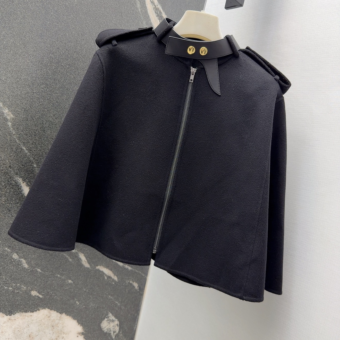 Elegant Wool Blend Cape Coat with Leather Trim - Sophisticated Outerwear 2 i1759905163474 1694 0 2