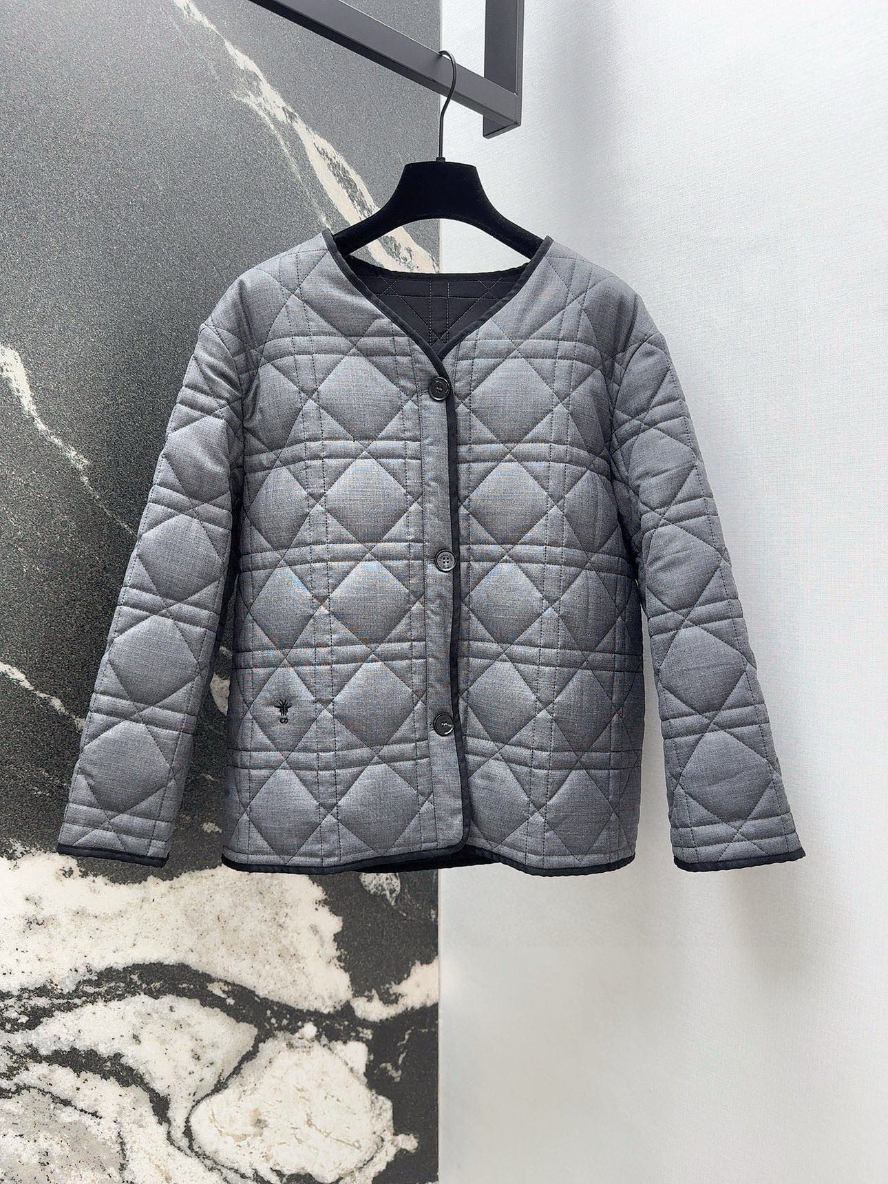 Dior Gray Quilted Cotton Jacket With Bee Embroidery