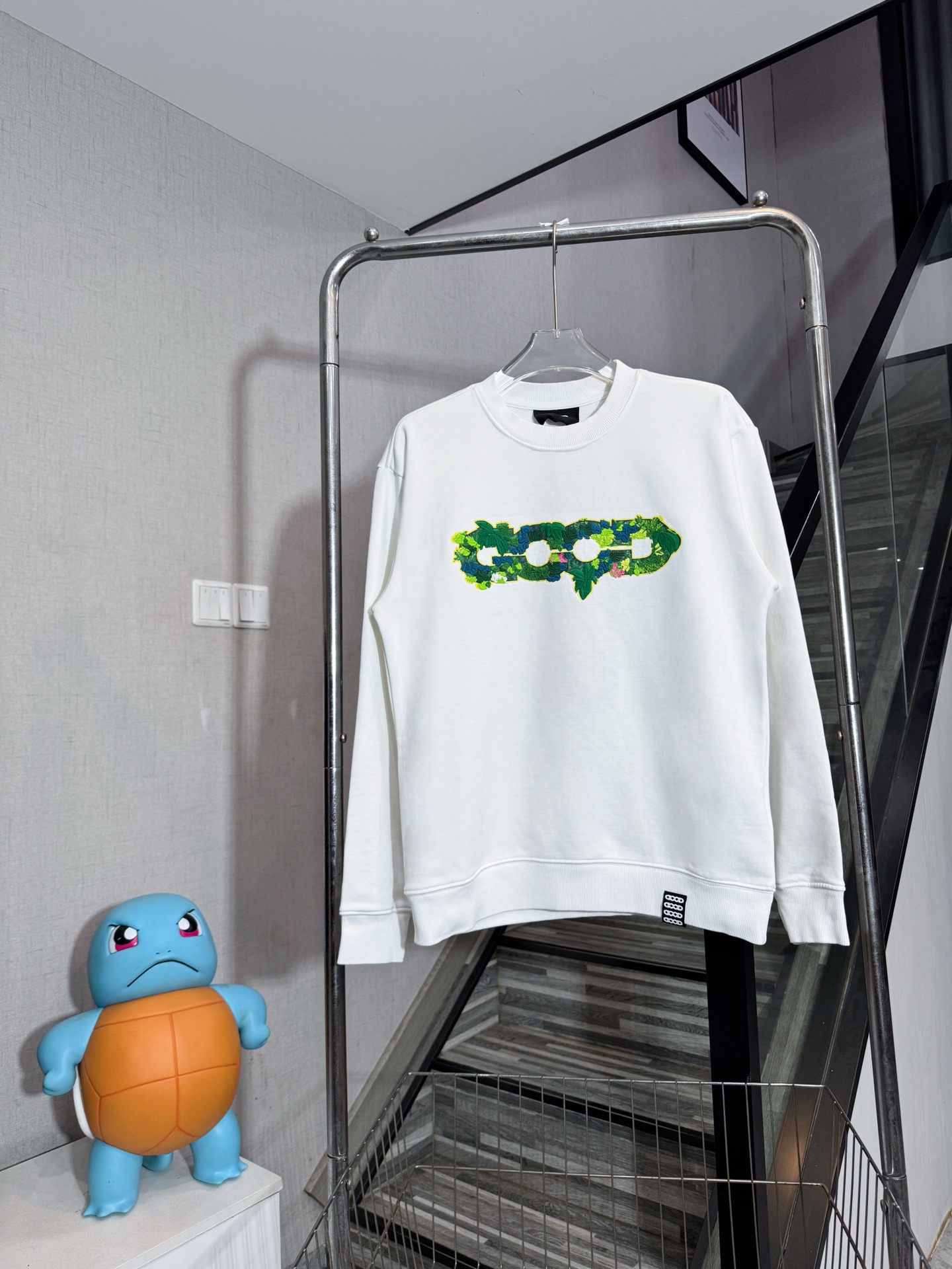 White Cotton Sweatshirt with Green Floral Embroidery, Round Neck, Relaxed Fit