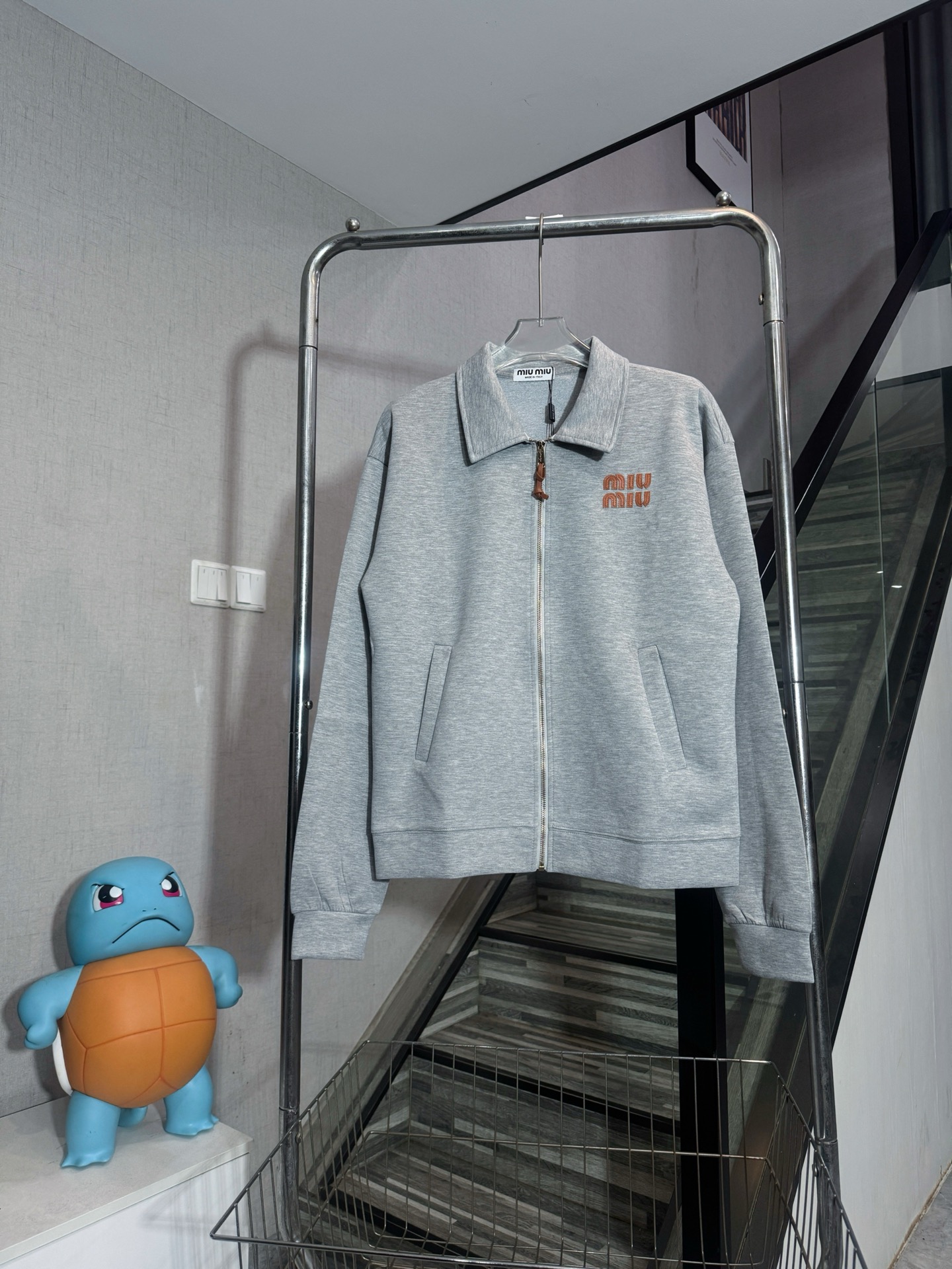 Miu Miu Gray Cotton Blend Zip-Up Jacket with Embroidered Logo