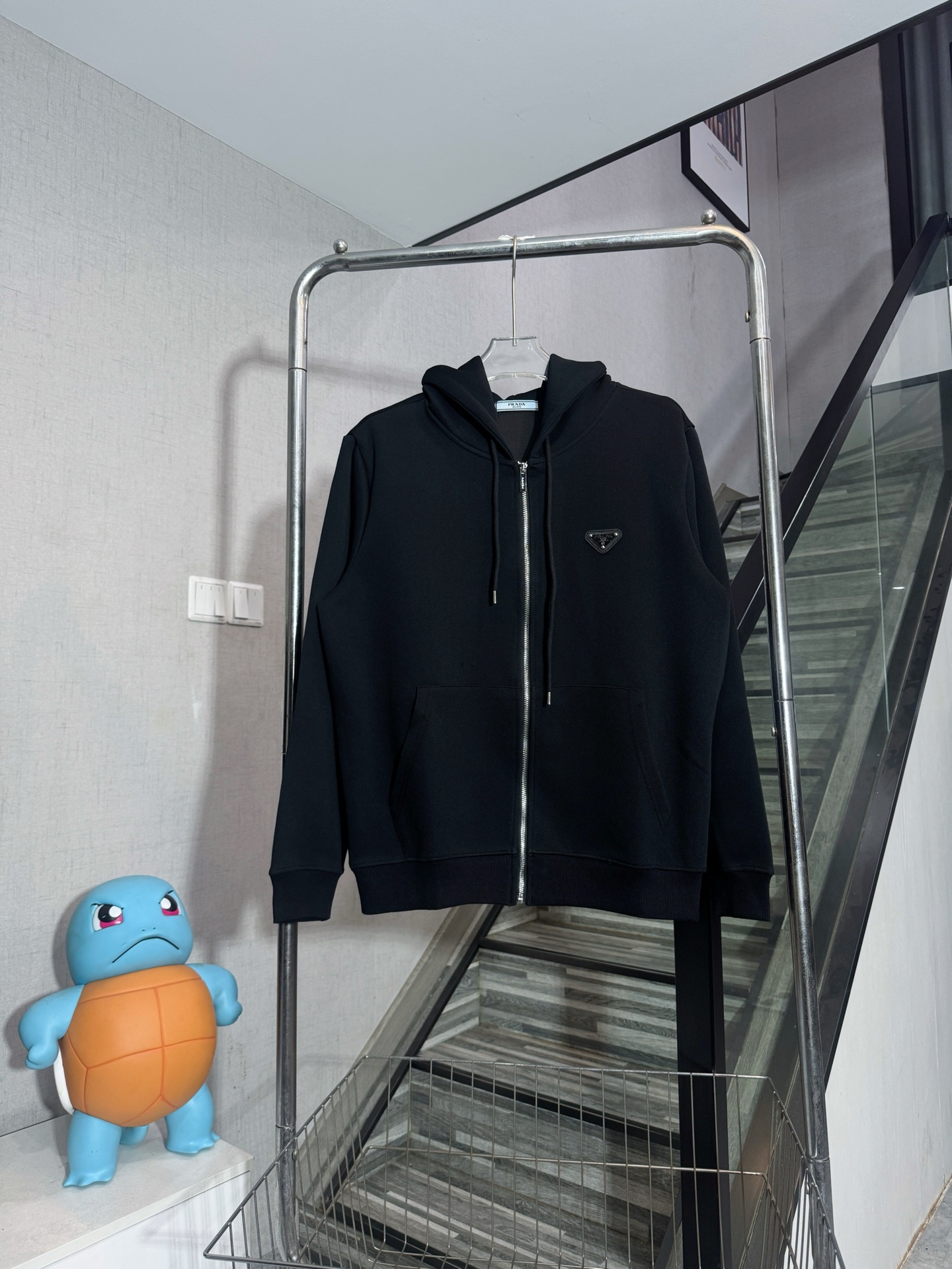 Prada Black Cotton Blend Zip-Up Hoodie With Rivets And Metal Logo