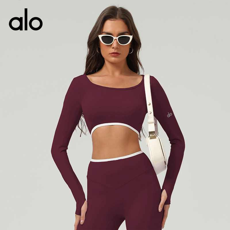 ALO YOGA💰78💎支持一件代发
aloyoga长袖裸感紧身T恤休闲上衣显瘦修身长袖健身瑜伽服
【品牌】ALO 
【款号】CX2511
【面料】氨纶/锦纶
【颜色】高级黑，栗棕，熏衣紫，樱桃红
【尺码】S，M，L，XL
 专柜同款品质，厂家直销，货源充足，售后保障