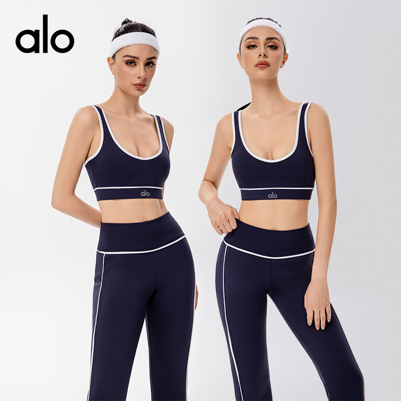 Alo sports bra yoga navy with white trim