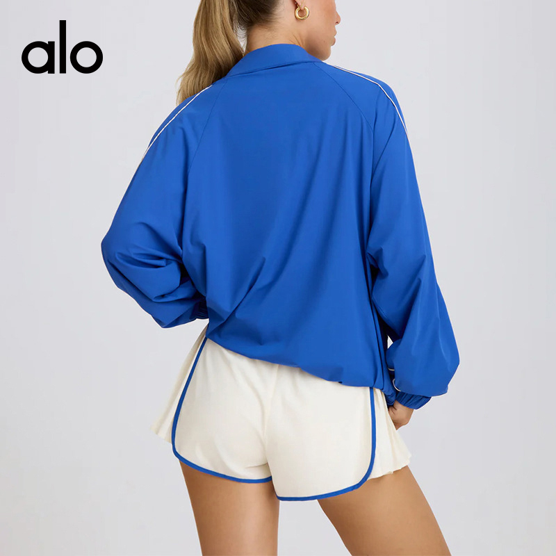 ALO YOGA  💰138💎支持一件代发
aloyoga立领半拉链运动服透气速干宽松训练健身服外套
【品牌】ALO 
【款号】QS24193
【面料】锦纶/尼龙
【颜色】黑色，蓝色，米杏色
【尺码】S，M，L
 专柜同款品质，厂家直销，货源充足，售后保障