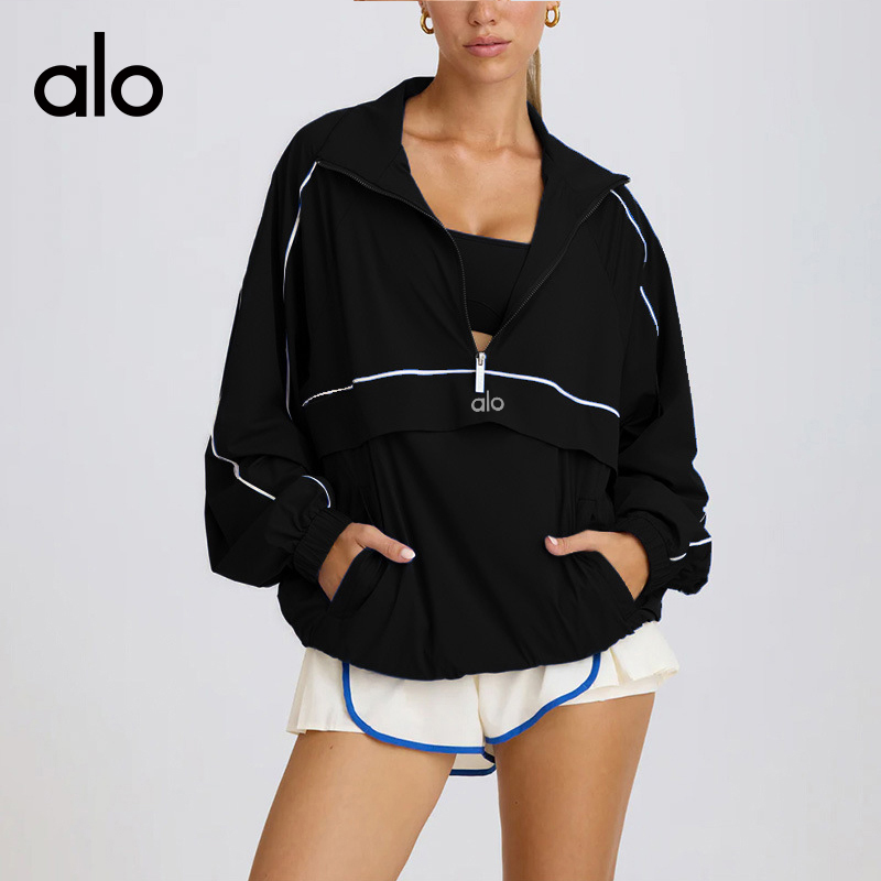 ALO YOGA  💰138💎支持一件代发
aloyoga立领半拉链运动服透气速干宽松训练健身服外套
【品牌】ALO 
【款号】QS24193
【面料】锦纶/尼龙
【颜色】黑色，蓝色，米杏色
【尺码】S，M，L
 专柜同款品质，厂家直销，货源充足，售后保障