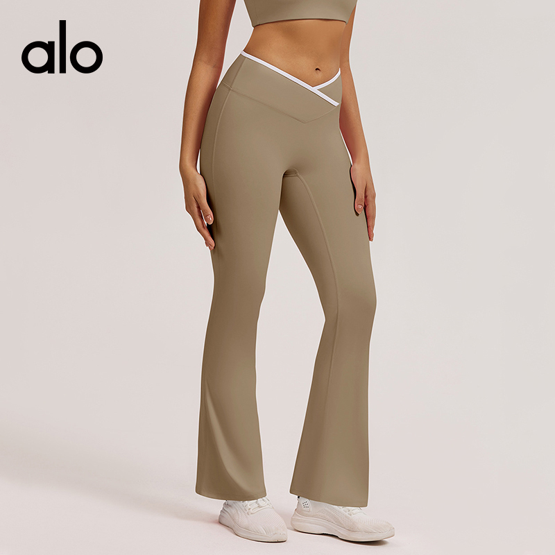 ALO YOGA💰93💎支持一件代发
aloyoga裸感紧身瑜伽裤交叉高腰微喇阔腿运动喇叭裤
【品牌】ALO 
【款号】CK6009
【面料】锦纶/氨纶
【颜色】黑色，可可棕，蓝灰色，樱花粉
【尺码】S，M，L，XL
 专柜同款品质，厂家直销，货源充足，售后保障