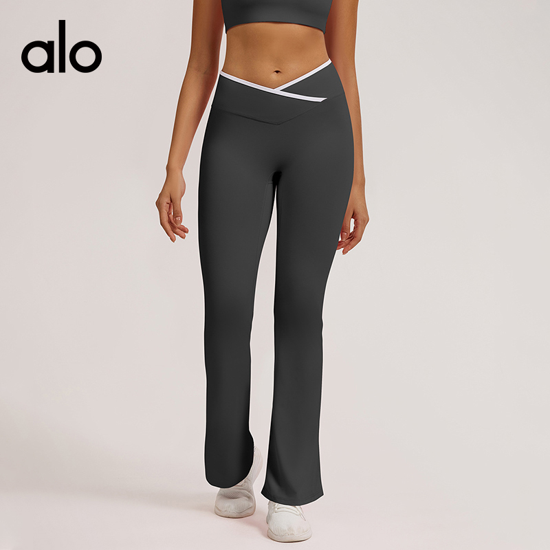 ALO YOGA💰93💎支持一件代发
aloyoga裸感紧身瑜伽裤交叉高腰微喇阔腿运动喇叭裤
【品牌】ALO 
【款号】CK6009
【面料】锦纶/氨纶
【颜色】黑色，可可棕，蓝灰色，樱花粉
【尺码】S，M，L，XL
 专柜同款品质，厂家直销，货源充足，售后保障