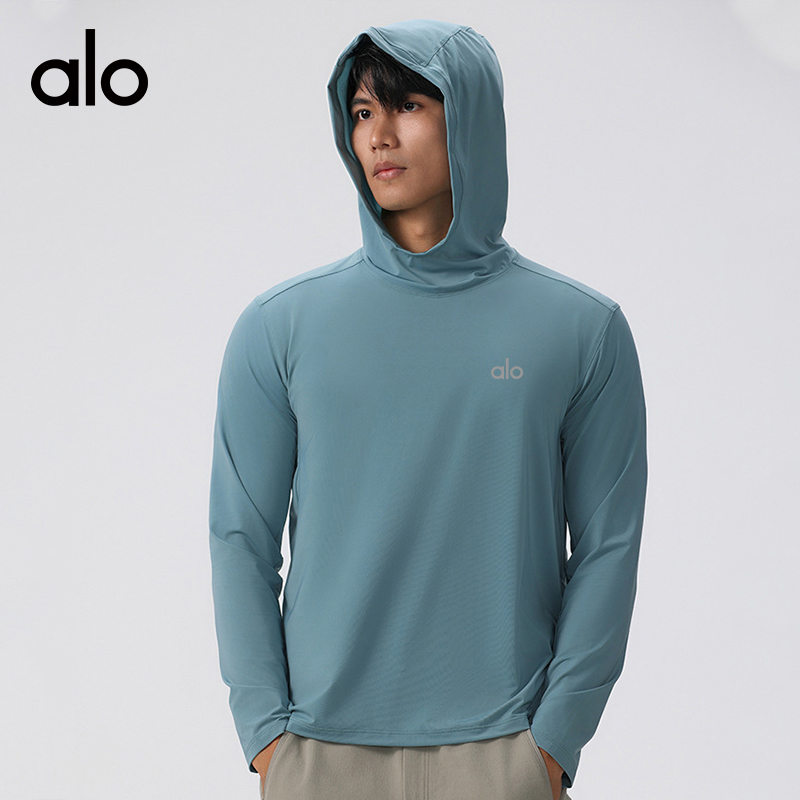 ALO YOGA💰83💎支持一件代发
aloyoga 男款户外轻薄透气休闲运动长袖T恤速干连帽上衣
【品牌】ALO 
【款号】61170
【面料】锦纶/聚酯纤维/氨纶
【颜色】磨砂黑，枣红色，雾蓝色，莓红色
【尺码】M，L，XL，2XL，3XL，4XL，5XL
 专柜同款品质，厂家直销，货源充足，售后保障