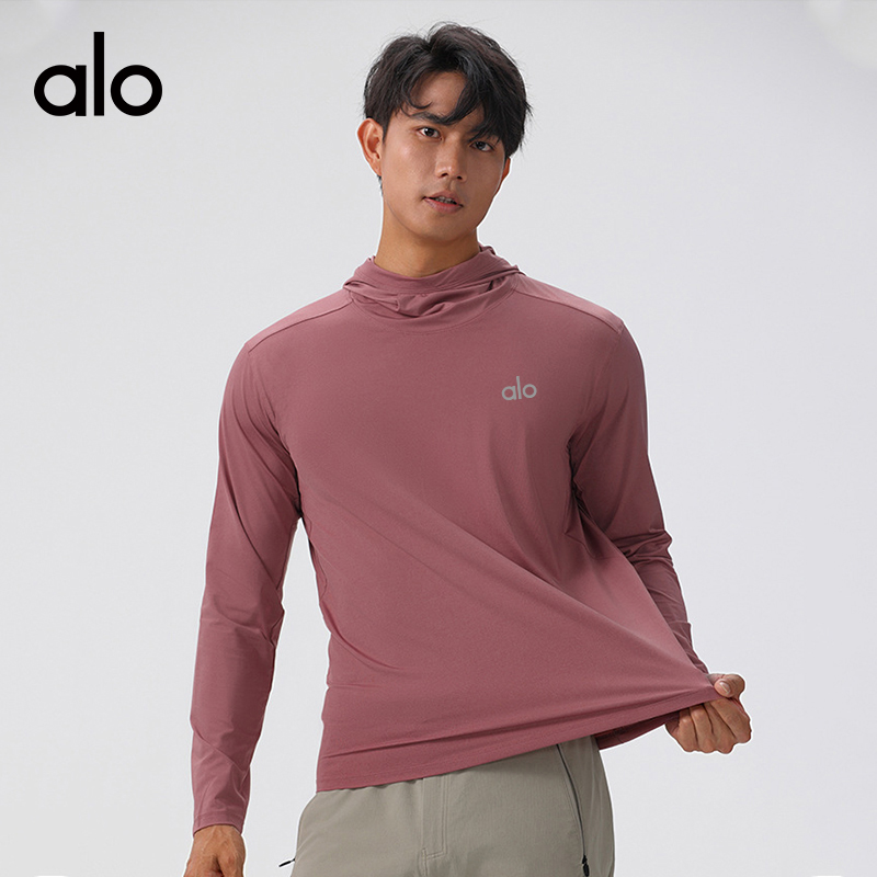 ALO YOGA💰83💎支持一件代发
aloyoga 男款户外轻薄透气休闲运动长袖T恤速干连帽上衣
【品牌】ALO 
【款号】61170
【面料】锦纶/聚酯纤维/氨纶
【颜色】磨砂黑，枣红色，雾蓝色，莓红色
【尺码】M，L，XL，2XL，3XL，4XL，5XL
 专柜同款品质，厂家直销，货源充足，售后保障