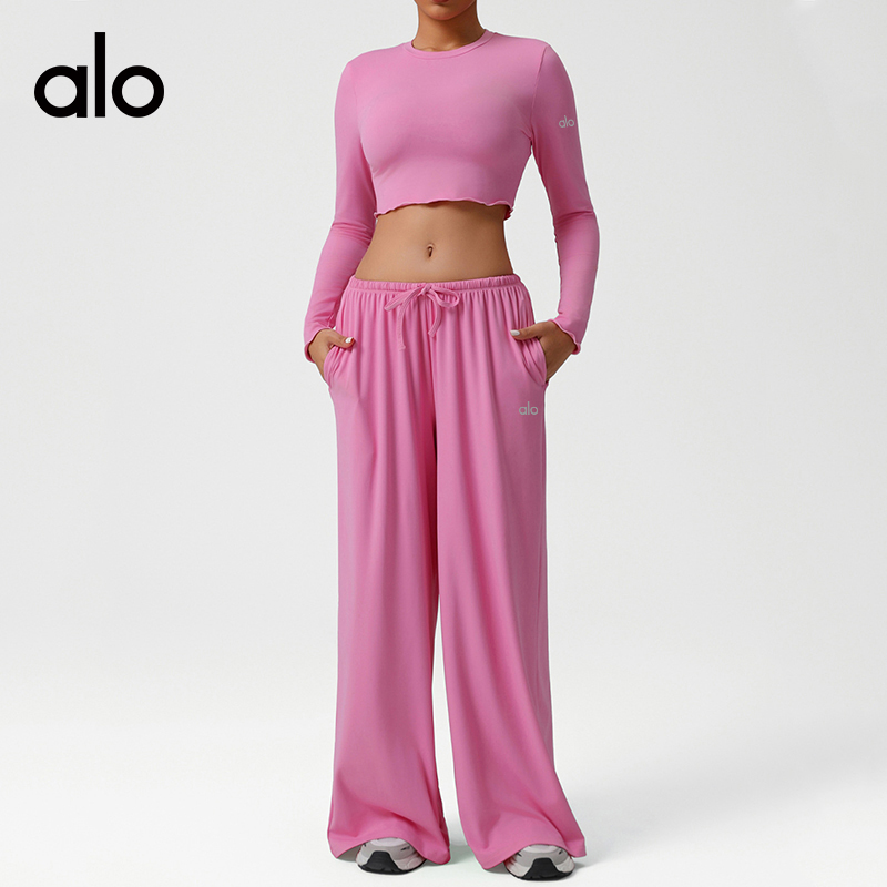 ALO YOGA💰143💎支持一件代发
aloyoga 运动宽松垂感阔腿裤瑜伽服修身长袖上衣健身套装
【品牌】ALO 
【款号】TZ2551
【面料】锦纶/氨纶
【颜色】冰蓝色，紫红色，浅黄色，玫瑰粉，黑色，褐色
【尺码】S，M，L，XL
 专柜同款品质，厂家直销，货源充足，售后保障
