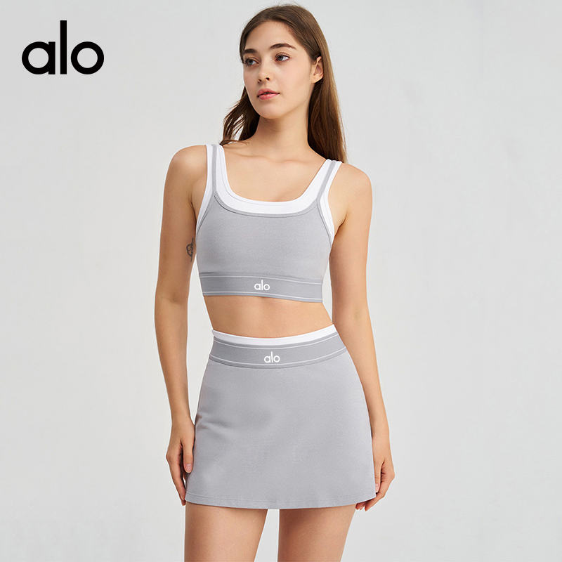 ALOYOGA 💰148💎支持一件代发
aloyoga 撞色白条吊带运动内衣文胸网球短裙瑜伽服套装
【品牌】AlO
【款号】DTZ6531
【面料】锦纶/氨纶
【颜色】薄荷绿，薰衣草蓝，麻灰色，暗夜黑
【尺码】S，M，L，XL
 专柜同款品质，厂家直销，货源充足，售后保障