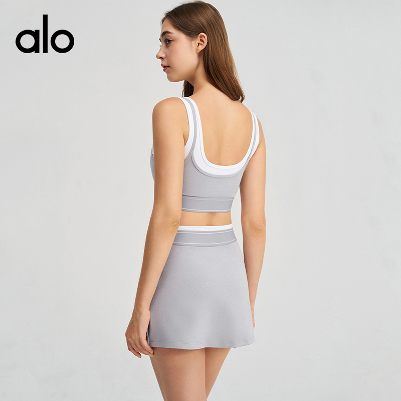 ALOYOGA 💰148💎支持一件代发
aloyoga 撞色白条吊带运动内衣文胸网球短裙瑜伽服套装
【品牌】AlO
【款号】DTZ6531
【面料】锦纶/氨纶
【颜色】薄荷绿，薰衣草蓝，麻灰色，暗夜黑
【尺码】S，M，L，XL
 专柜同款品质，厂家直销，货源充足，售后保障