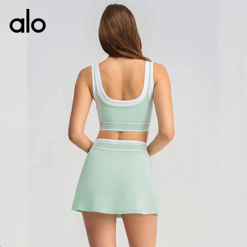 ALOYOGA 💰148💎支持一件代发
aloyoga 撞色白条吊带运动内衣文胸网球短裙瑜伽服套装
【品牌】AlO
【款号】DTZ6531
【面料】锦纶/氨纶
【颜色】薄荷绿，薰衣草蓝，麻灰色，暗夜黑
【尺码】S，M，L，XL
 专柜同款品质，厂家直销，货源充足，售后保障