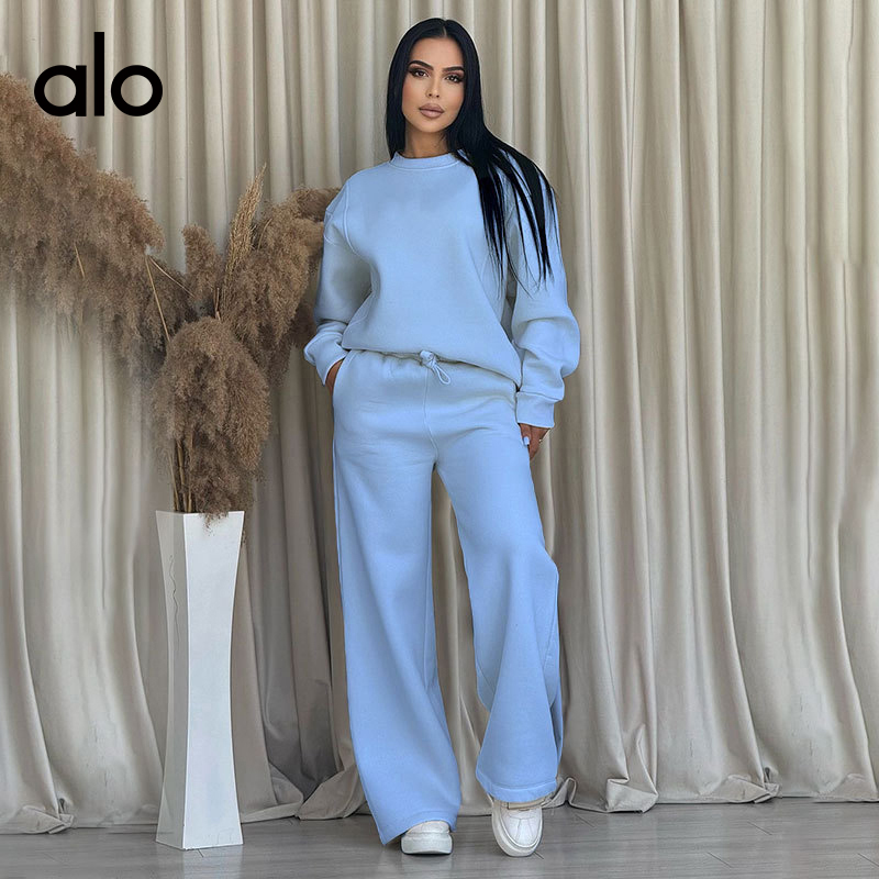 ALO YOGA💰108💎支持一件代发
aloyoga 休闲纯色圆领长袖卫衣宽松女装阔腿裤运动套装
【品牌】ALO 
【款号】211470
【面料】涤纶/氨纶
【颜色】藕色，咖啡色，黑色，杏色，深蓝色，浅蓝色
【尺码】S，M，L，XL，2XL
 专柜同款品质，厂家直销，货源充足，售后保障
