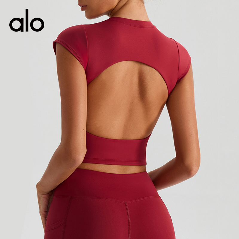 ALO YOGA 💰88💎支持一件代发
aloyoga 裸感运动T恤可拆卸固定式胸垫瑜伽露背短袖
【品牌】AlO
【款号】YW568
【面料】锦纶/氨纶
【颜色】黑色，黄色，酒红色，天蓝色，杏色，棕色
【尺码】S/4，M/6，L/8，XL/10
 专柜同款品质，厂家直销，货源充足，售后保障