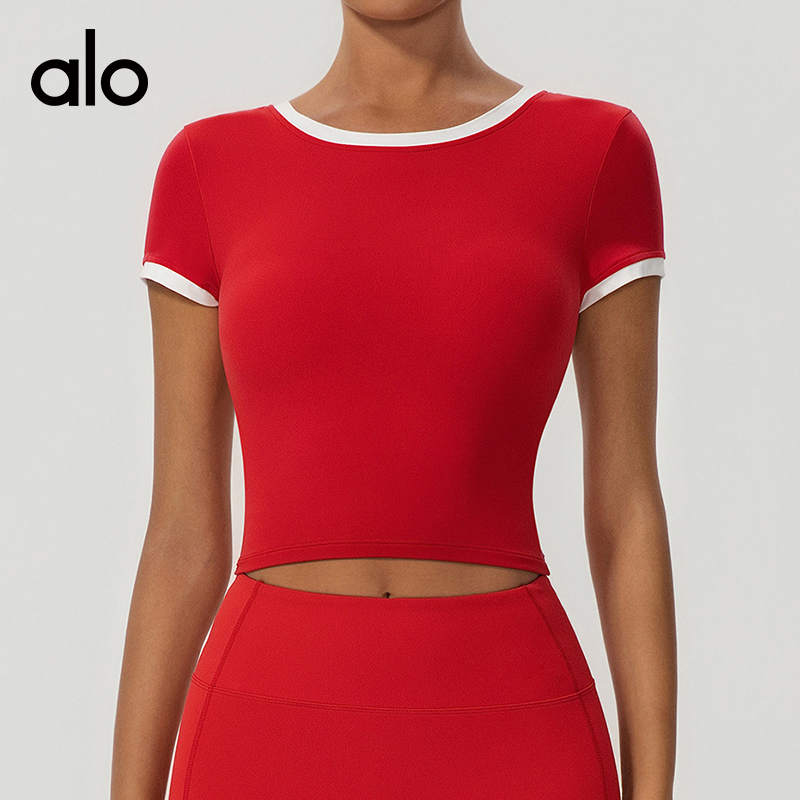 ALO YOGA 💰73💎支持一件代发
aloyoga 撞色圆领瑜伽短袖上衣普拉提修身运动速干T恤
【品牌】AlO
【款号】YW558
【面料】锦纶/氨纶
【颜色】大红色，紫色，黑色，粉色
【尺码】S/4，M/6，L/8，XL/10
 专柜同款品质，厂家直销，货源充足，售后保障