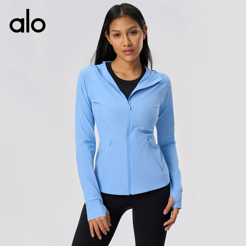 ALOYOGA 💰148💎支持一件代发
aloyoga 夏季户外连帽遮阳长袖开衫防晒衣冰感速干外套
【品牌】AlO
【款号】D25011
【面料】涤纶/氨纶
【颜色】白色，玉灰色，银石灰，西纳特拉蓝，舞动黄，黑色，草莓奶昔粉
【尺码】4，6，8，10，12
 专柜同款品质，厂家直销，货源充足，售后保障