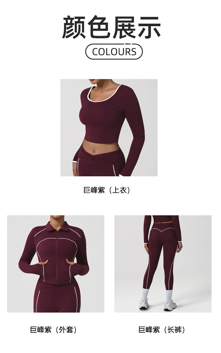 ALOYOGA 💰279💎支持一件代发
aloyoga 秋冬圆领裸感长袖T恤露背短款瑜伽服健身套装
巨峰紫（上衣）：78
巨峰紫（外套）：108
巨峰紫（长裤）：93
【品牌】AlO
【款号】TZ0004
【面料】锦纶/氨纶
【颜色】巨峰紫（上衣），巨峰紫（外套），巨峰紫（长裤）
【尺码】S，M，L，XL
 专柜同款品质，厂家直销，货源充足，售后保障