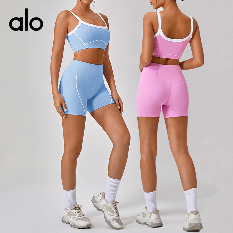 Alo sports bra studio light blue pink and heather gray yoga