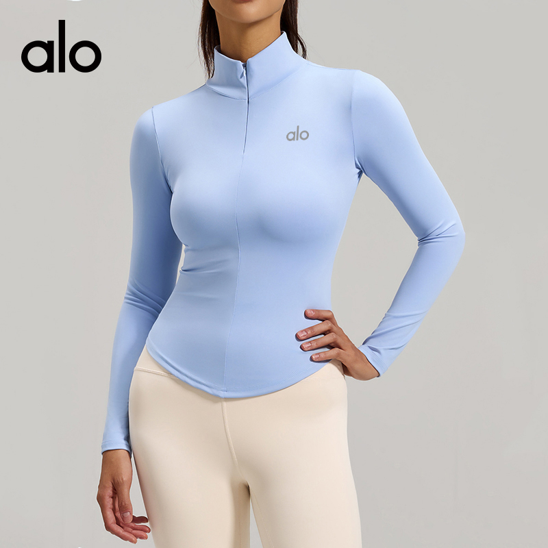 ALO YOGA💰78💎支持一件代发
aloyoga 立领半拉链瑜伽服裸感紧身透气运动健身上衣
【品牌】ALO 
【款号】JYMC051
【面料】聚酯纤维/氨纶
【颜色】浅霜蓝，白色，枪灰色
【尺码】S，M，L，XL，XXL
 专柜同款品质，厂家直销，货源充足，售后保障
