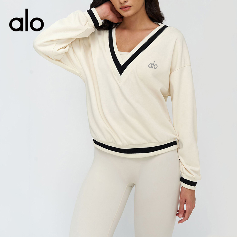 ALO YOGA 💰108💎支持一件代发
aloyoga 撞色运动卫衣V领休闲宽松长袖卫衣运动跑步上衣
【品牌】AlO
【款号】EWY9307
【面料】棉/涤纶
【颜色】高级黑，徽章蓝，菱花杏，复古红，圣诞绿
【尺码】S，M，L，XL
 专柜同款品质，厂家直销，货源充足，售后保障
