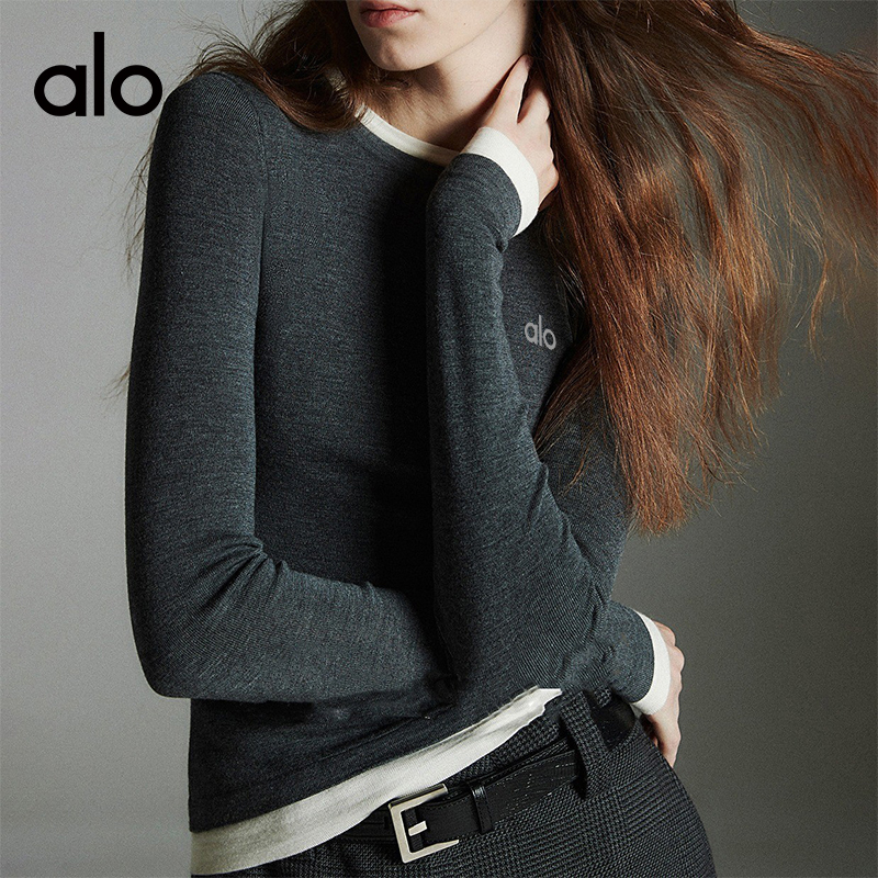 ALOYOGA 💰93💎支持一件代发
aloyoga 裸感撞色假两件针织上衣软糯绵羊毛圆领打底衫
【品牌】AlO
【款号】CX7034
【面料】聚酯纤维/氨纶
【颜色】黑色，深灰色
【尺码】均码
 专柜同款品质，厂家直销，货源充足，售后保障