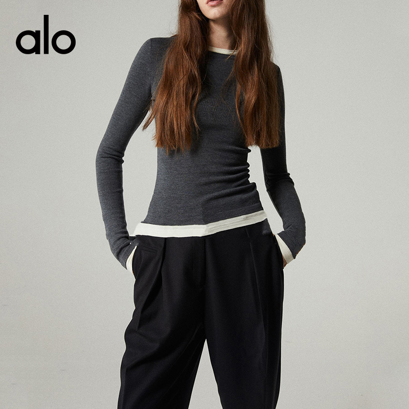 ALOYOGA 💰93💎支持一件代发
aloyoga 裸感撞色假两件针织上衣软糯绵羊毛圆领打底衫
【品牌】AlO
【款号】CX7034
【面料】聚酯纤维/氨纶
【颜色】黑色，深灰色
【尺码】均码
 专柜同款品质，厂家直销，货源充足，售后保障