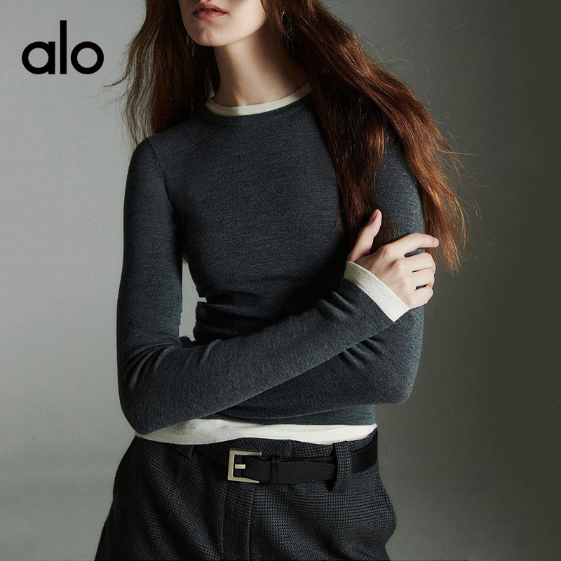 ALOYOGA 💰93💎支持一件代发
aloyoga 裸感撞色假两件针织上衣软糯绵羊毛圆领打底衫
【品牌】AlO
【款号】CX7034
【面料】聚酯纤维/氨纶
【颜色】黑色，深灰色
【尺码】均码
 专柜同款品质，厂家直销，货源充足，售后保障