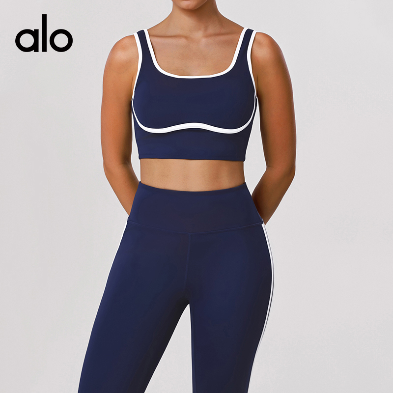 ALOYOGA 💰158💎支持一件代发
aloyoga 裸感撞色健身瑜伽套装提臀收腹裤美背文胸运动服
【品牌】AlO
【款号】TZ0024
【面料】氨纶/锦纶
【颜色】藏青色
【尺码】S，M，L，XL
 专柜同款品质，厂家直销，货源充足，售后保障