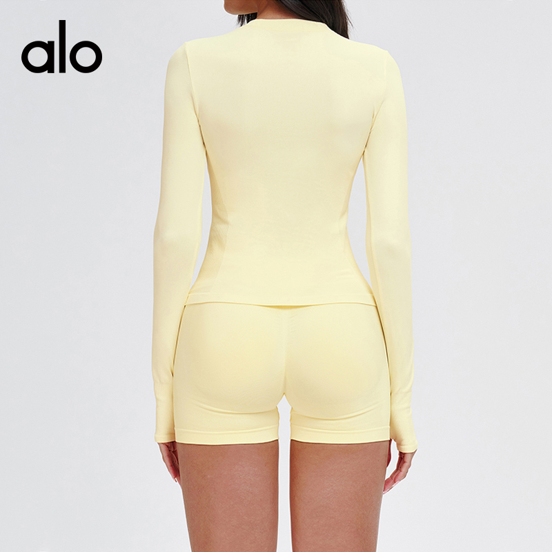 Alo long sleeve studio blue-gray and pale yellow yoga
