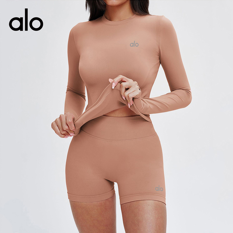 Alo long sleeve studio blue-gray and pale yellow yoga