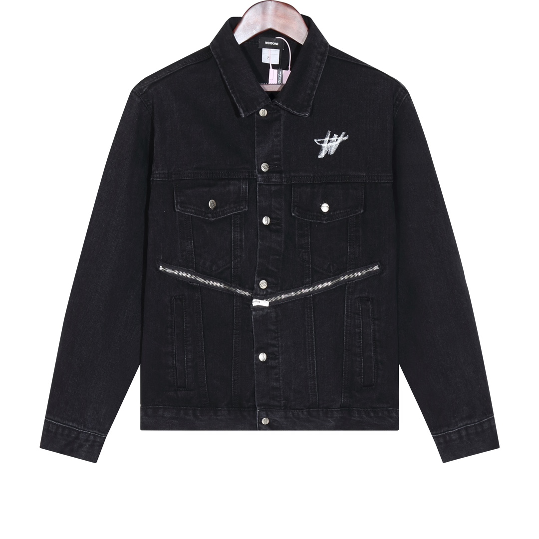 We11done High-End Cowboy Coats with Stamped Zipper Detail [Black, Sizes 46-52] - 图片 1