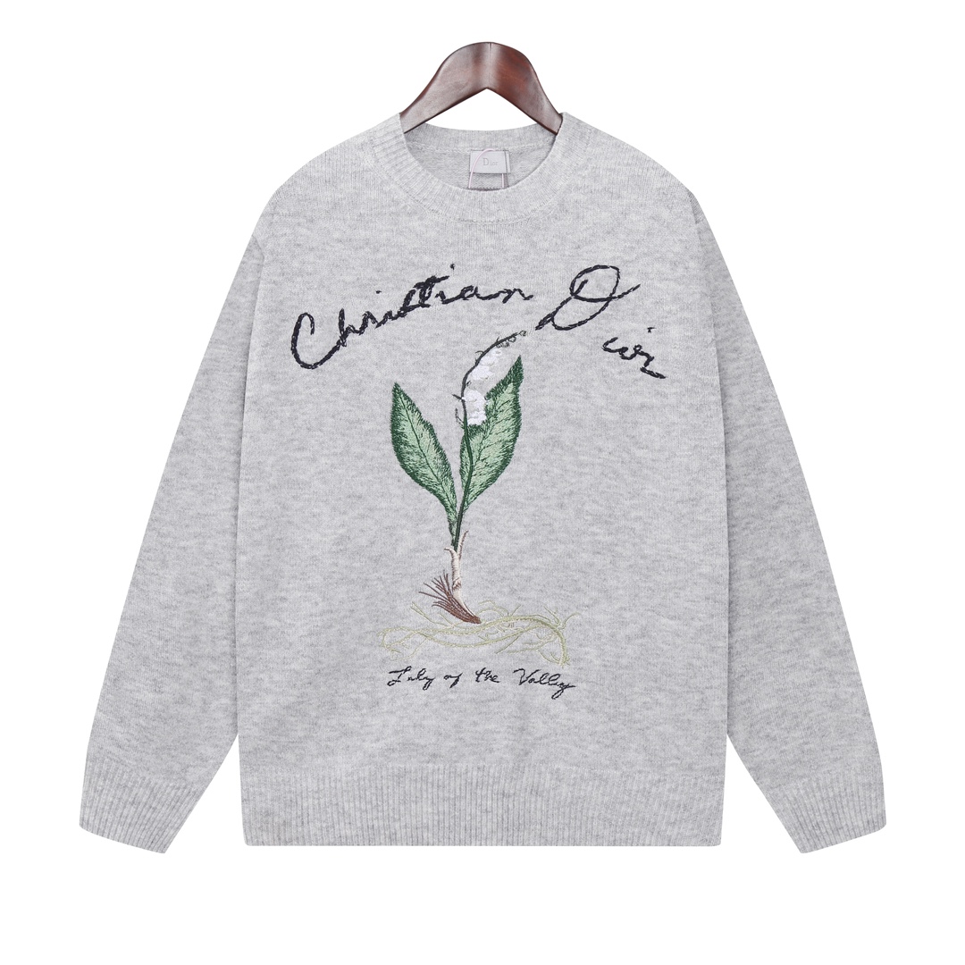 Dior Orchid Embroidered Knitted Shirt with Round Collar in Ash Color