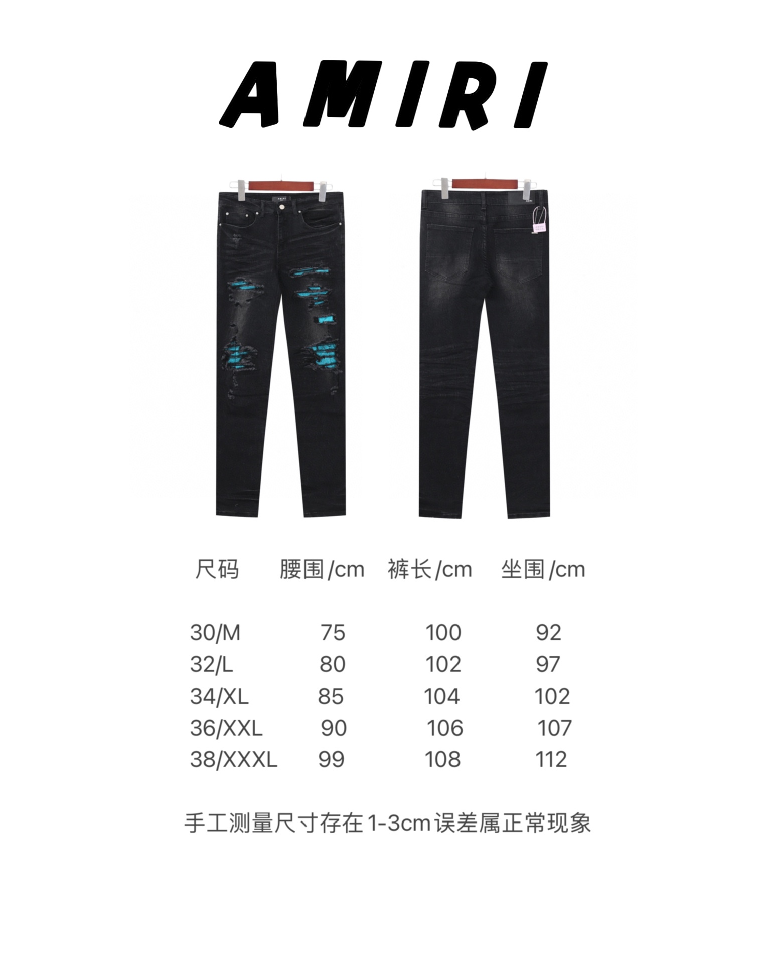 💰160［高端］
【上新】AMIRI 24FW 破洞拼蓝皮刀割修身牛仔裤-
面料经纬纱采用巴基斯坦的巴纱棉 使用7*7赛络纺定织定染的丹宁布 面料厚实且柔软富有韧性 穿着舒适亲肤 由梭织工艺机织搭配水洗工艺成就自然的做旧质感 经过反复对比原版毛须纹路 洗水工艺采用酵素梅石墨洗水 印尼火山浮石研磨工艺做到自然和层次分明 专业SELVEDGE锁边 让裤子更有花度和立体感 运用缝纫捻线进行叠锁边缝设计作业 经典的五袋设计永不过时 复古的水洗做旧色泽伴随时间流逝风格愈发柔和鲜明

Color：黑
Size：30 32 34 36 38 对应尺码m-xxxl现货秒发 详细尺码可查图9
