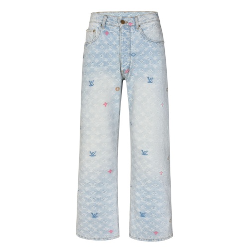 Louis Vuitton Tyler Embroidered Denim Jeans, Monogram, Light Blue, 24SS 1 Louis Vuitton Tyler Embroidered Denim Jeans, Monogram, Light Blue, 24SS