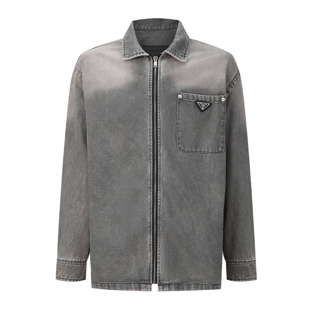 (Sitio web oficial calidad del pedido original 1:1) Chaqueta tipo camisa de mezclilla con cremallera y logo desgastado …