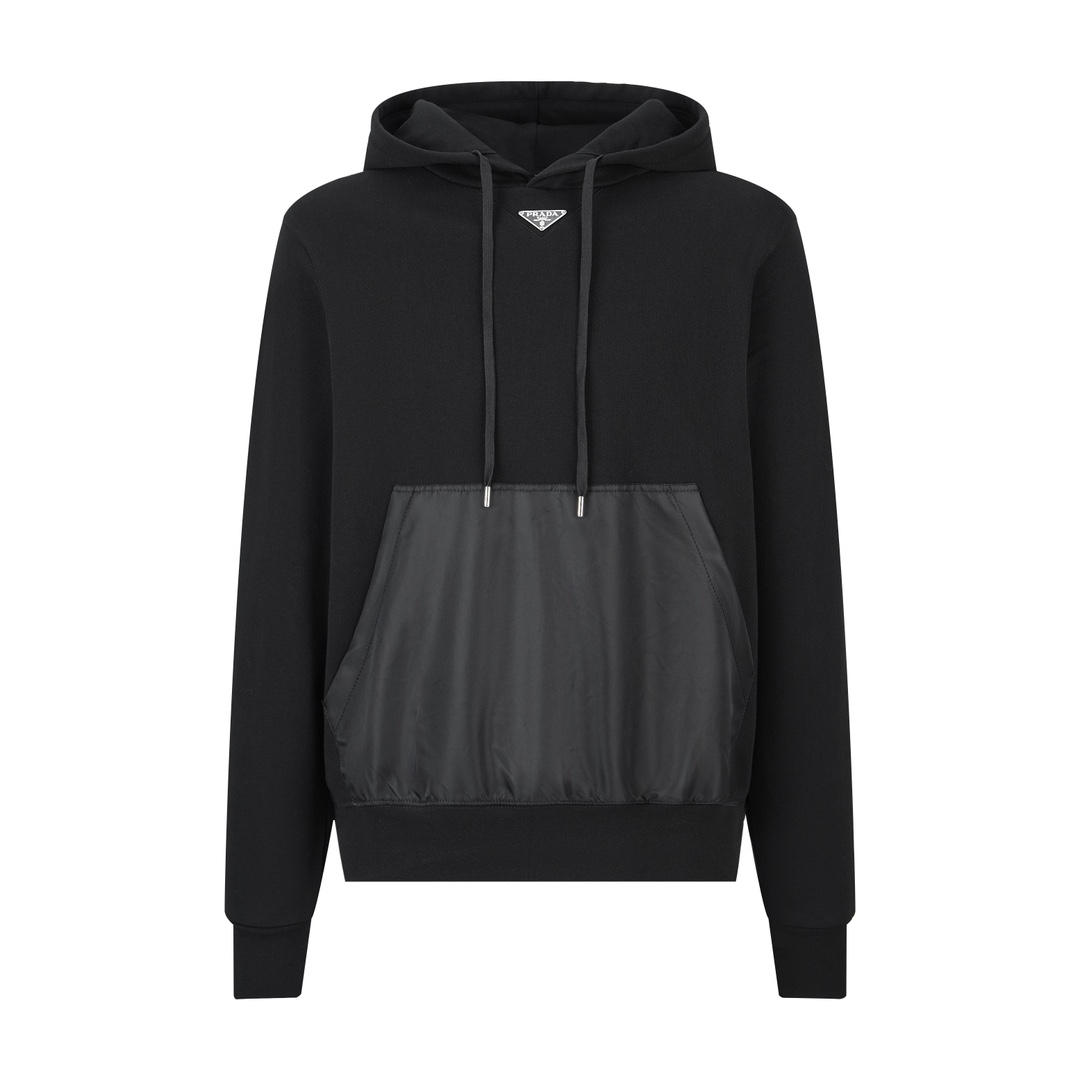(Sitio web oficial calidad del pedido original 1:1) Sudadera con capucha y empalme de bolsillo de nailon Pra 24SS. Comp…