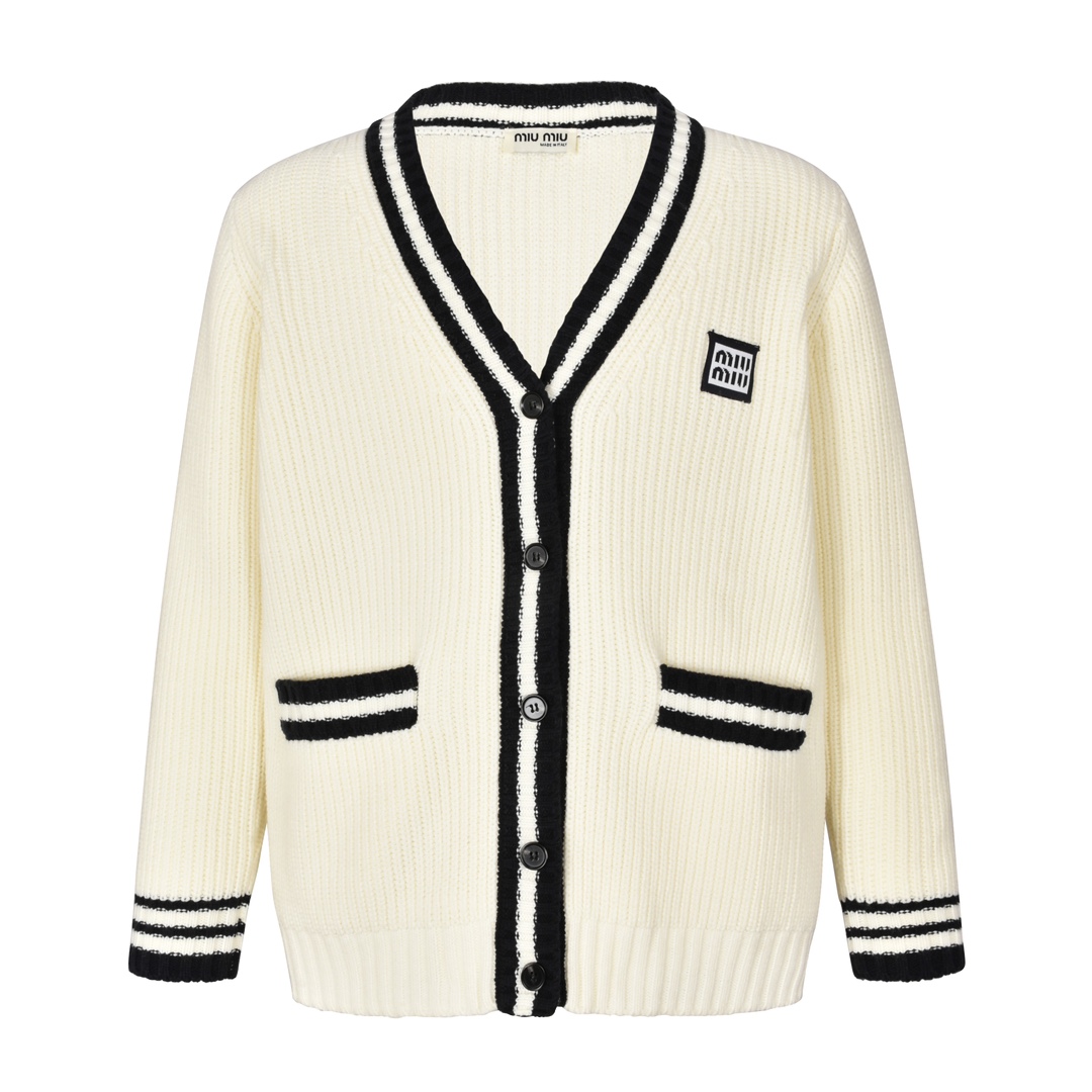 (calidad original 1:1 de la web oficial) Miumiu 24SS cárdigan de punto con logotipo y contraste de color Comp…
