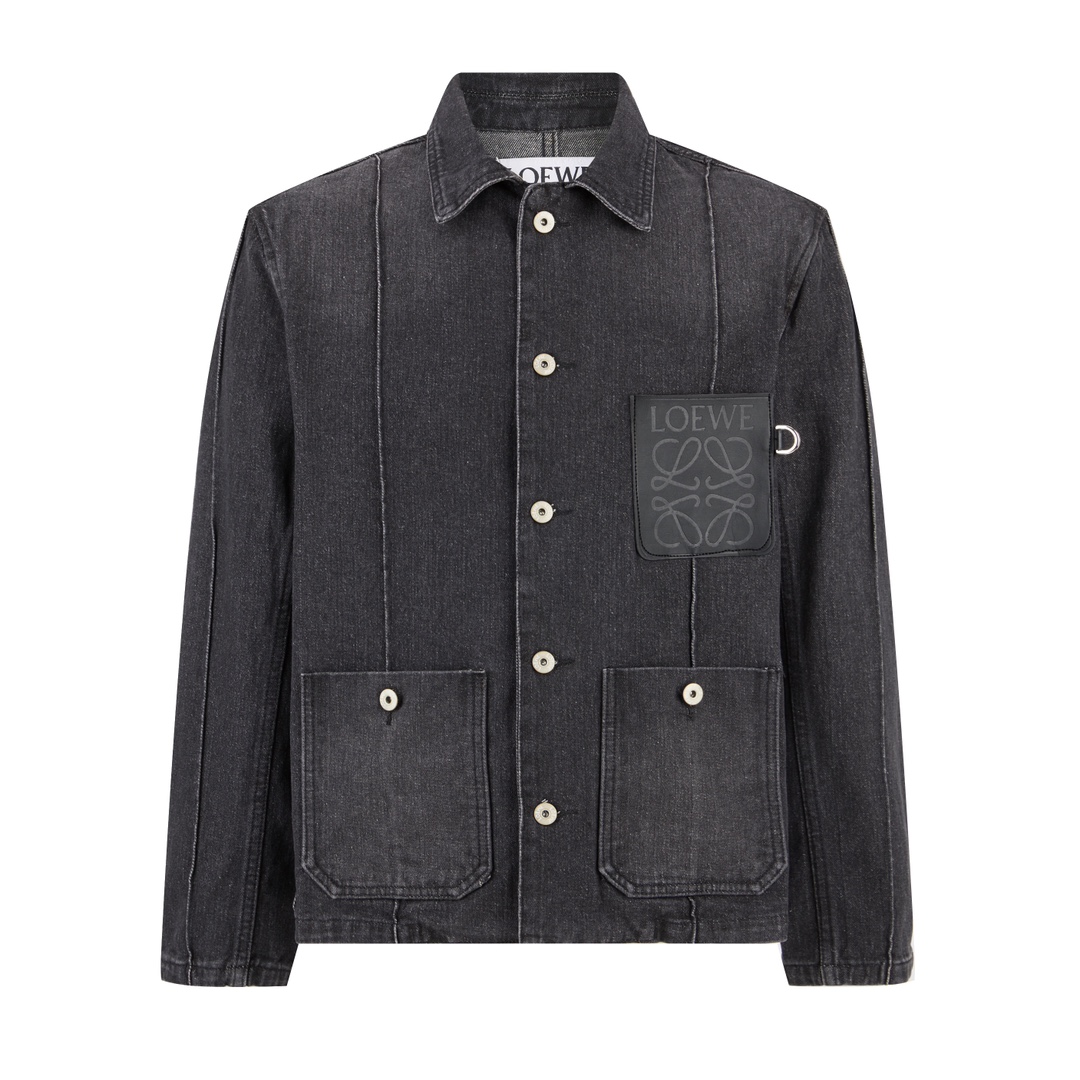 🅿️300 (Calidad original 1:1 de la tienda oficial) Loewe 24SS Chaqueta de mezclilla lavada con etiqueta de cuero, compr…