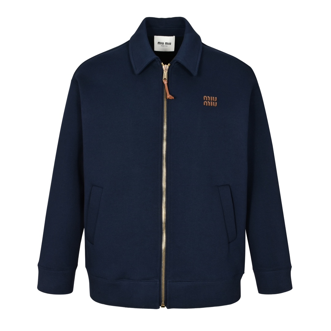 Miu Miu Navy Space Cotton Zip-Up Jacket, Classic Collar, Straight Cut