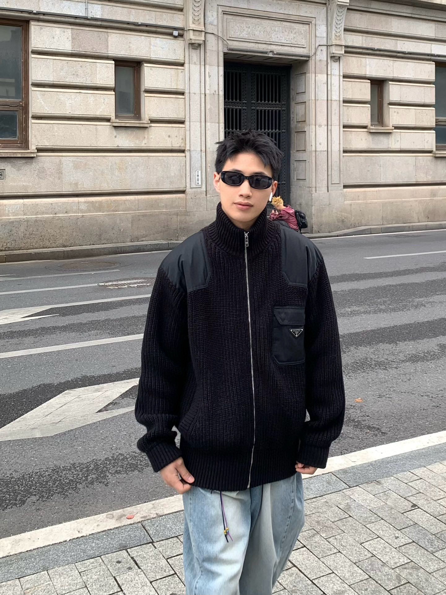 普拉达 24FW 尼龙拼接拉链毛衣 上身效果#