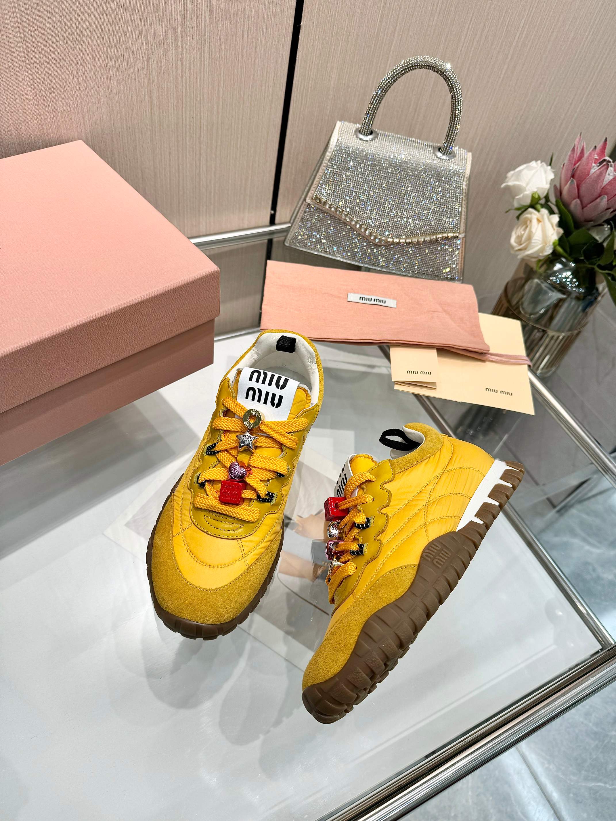 Miu Miu Women's Yellow Quilted Low-Top Sneakers With Jewel Accents 8 a1741244665610 5546