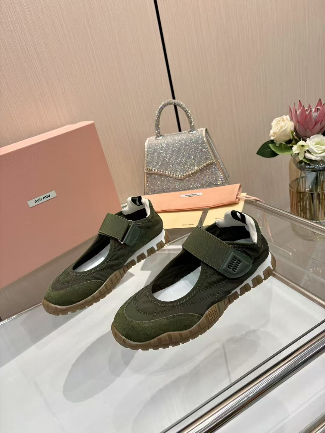 Miu Miu Women's Olive Green Tech Fabric & Suede Calfskin Tire Sneakers Sandals 3 a1744046379354 3002